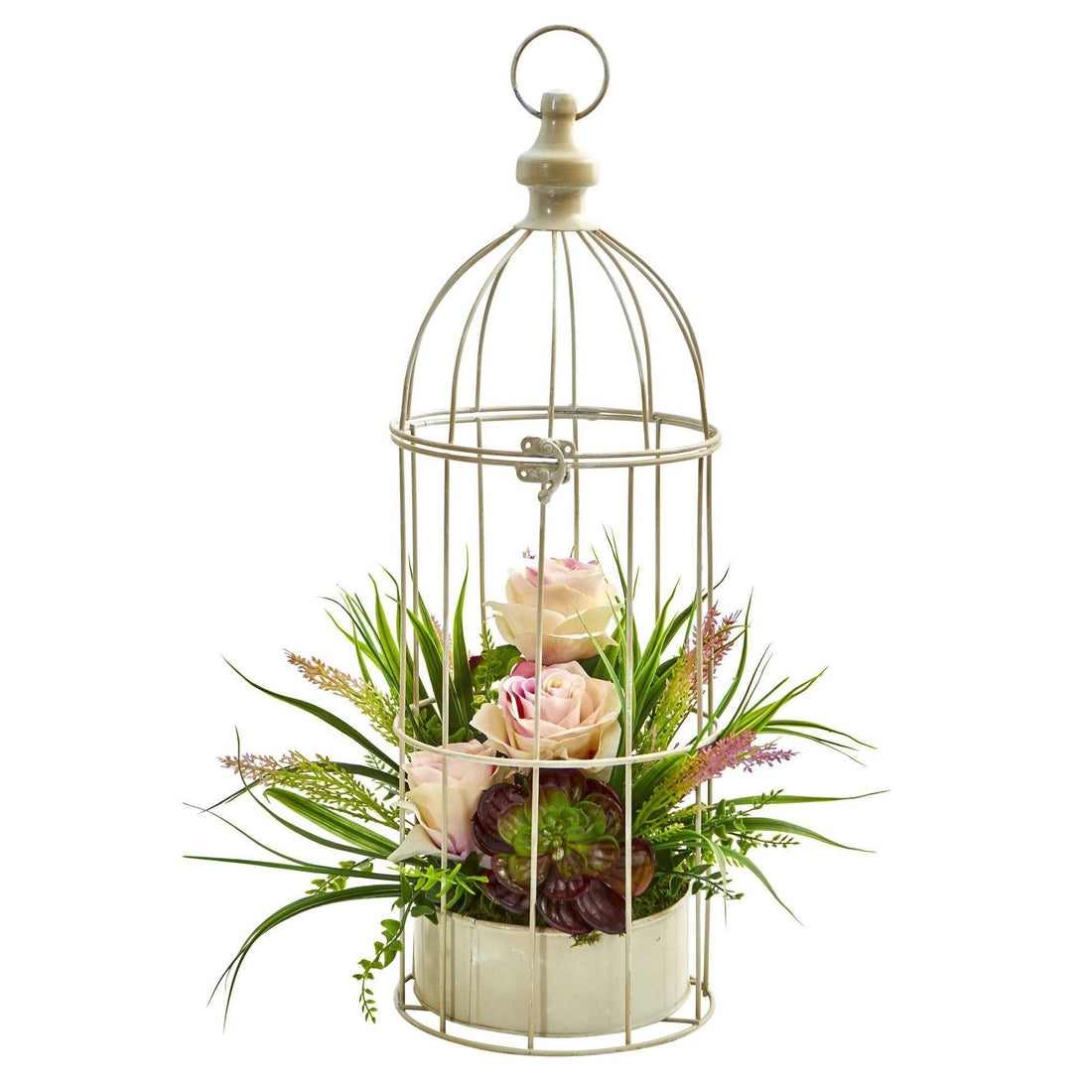 succulent bird cage Rose, Grass & Succulent Artificial Arrangement in Bird Cage