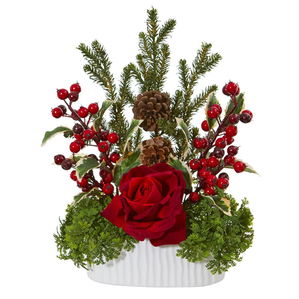 Rose, Holly Berry, Pine & Pinecone Artificial Arrangement in White Vase