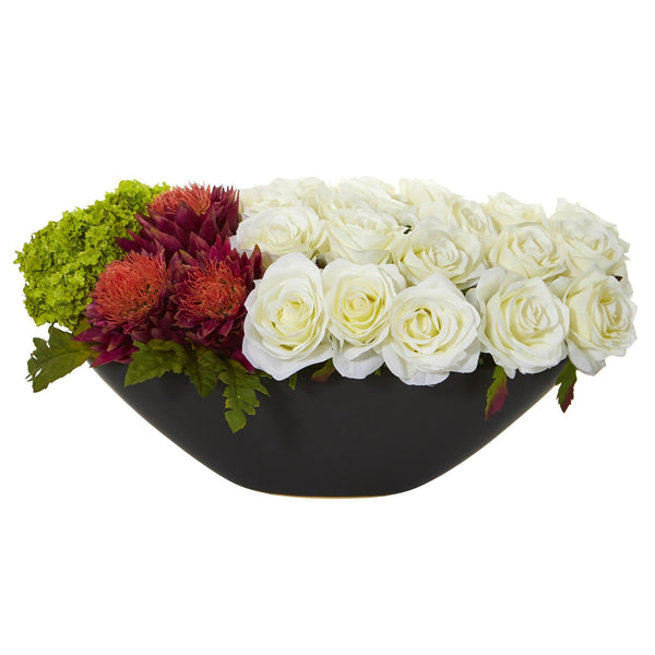 Rose, Tropical Flower and Hydrangea Artificial Arrangement in Black Vase