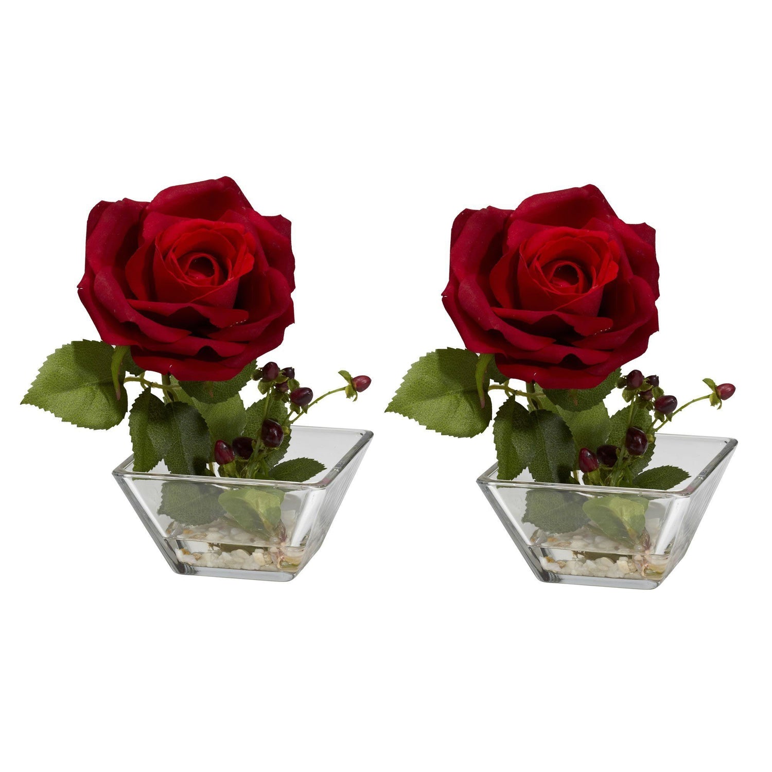 Rose w/Square Vase Silk Flower Arrangement (Set of 2)