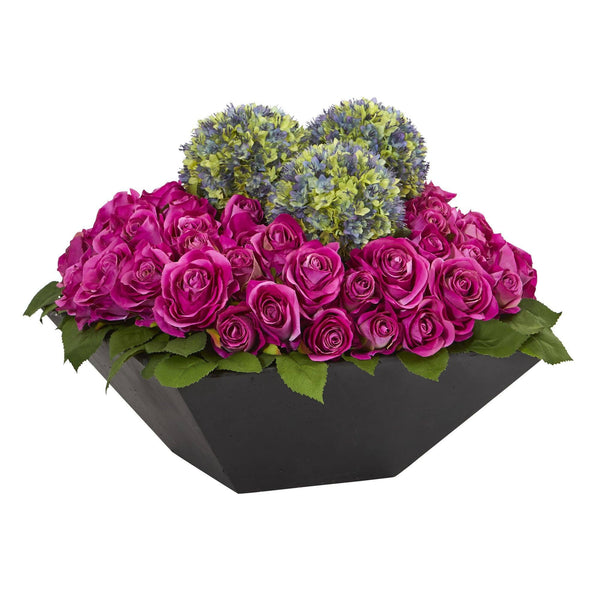 Roses and Ball Flowers Artificial Arrangement in Black Vase