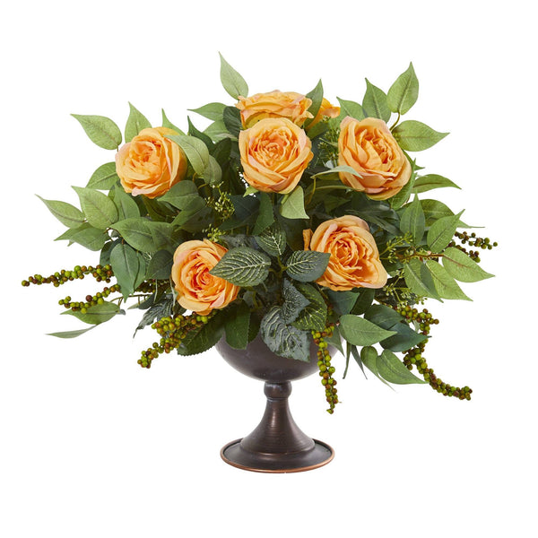 Roses and Mix Greens Artificial Arrangement in Metal Chalice