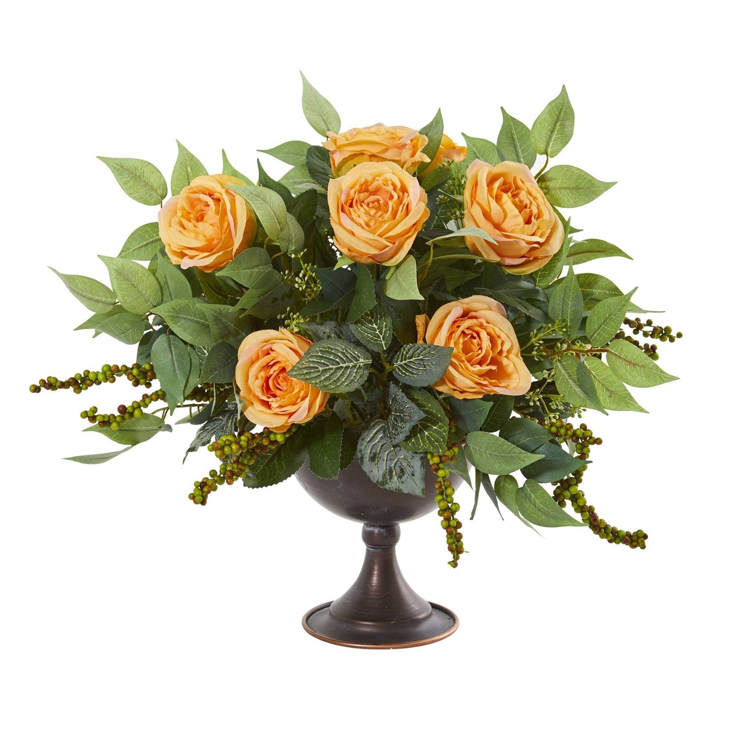 Roses and Mix Greens Artificial Arrangement in Metal Chalice
