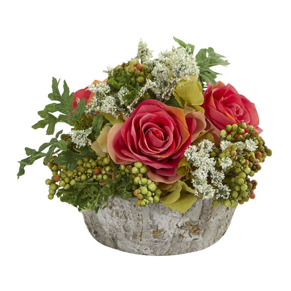 Roses Bouquet Artificial Arrangement in Oak Vase