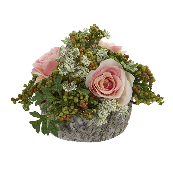 Roses Bouquet Artificial Arrangement in Oak Vase