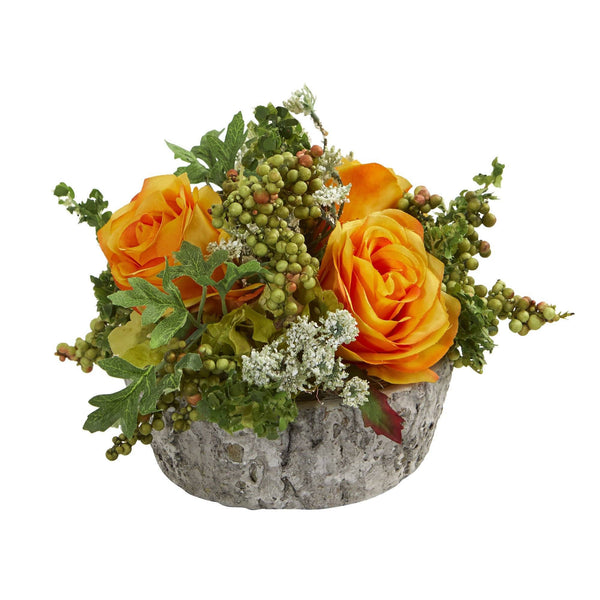 Roses Bouquet Artificial Arrangement in Oak Vase