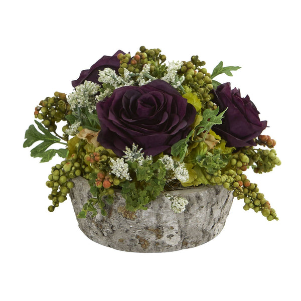 Roses Bouquet Artificial Arrangement in Oak Vase