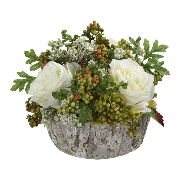Roses Bouquet Artificial Arrangement in Oak Vase