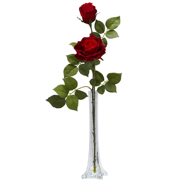 Roses w/Tall Bud Vase Silk Flower Arrangement