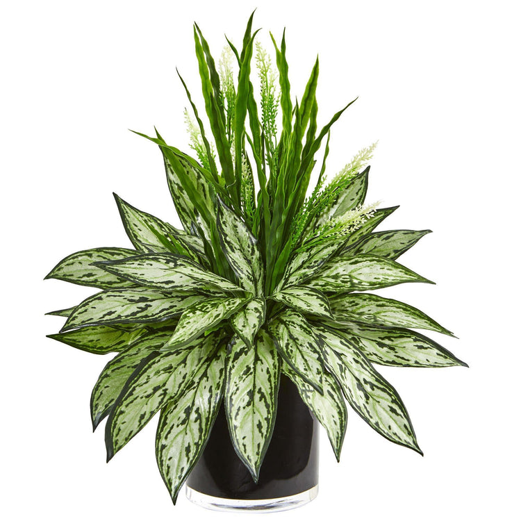 Silver Queen and Grass Artificial Plant in Black Vase Nearly Natural