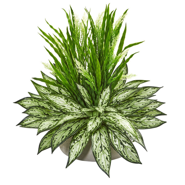Silver Queen and Grass Artificial Plant in Stone Planter