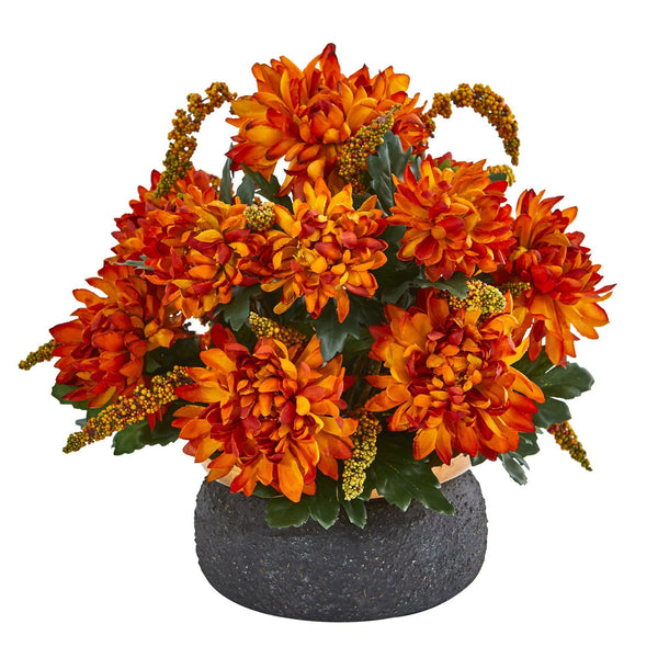 Spider Mum and Berries Artificial Arrangement in Stoneware Bowl