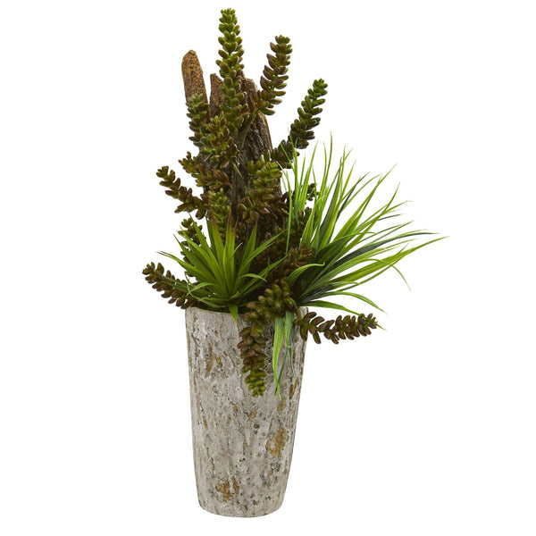 Succulent and Grass Garden Artificial Plant in Weathered Planter