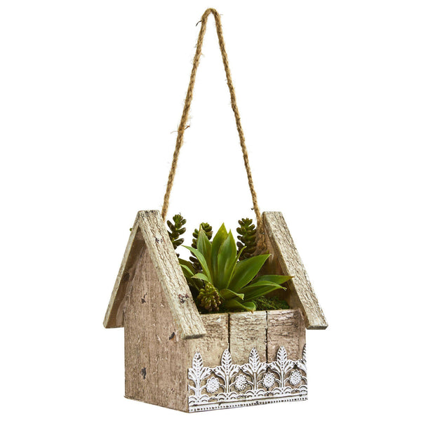 Succulent Garden Artificial Plant in Birdhouse Hanging Planter
