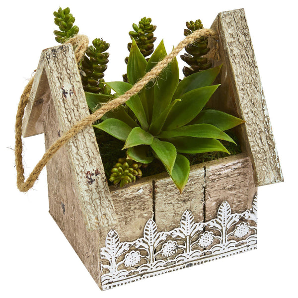 Succulent Garden Artificial Plant in Birdhouse Hanging Planter