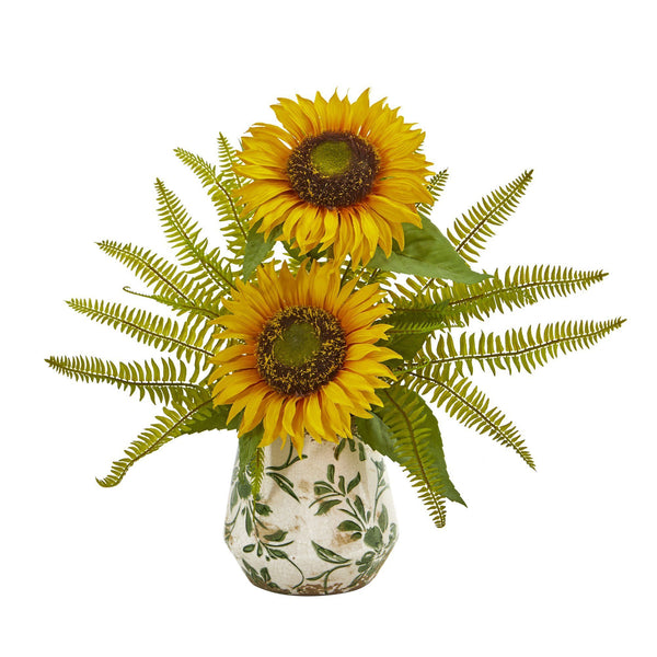 Sunflower and Fern Artificial Arrangement in Vase