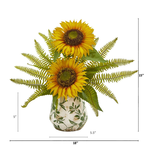 Sunflower and Fern Artificial Arrangement in Vase