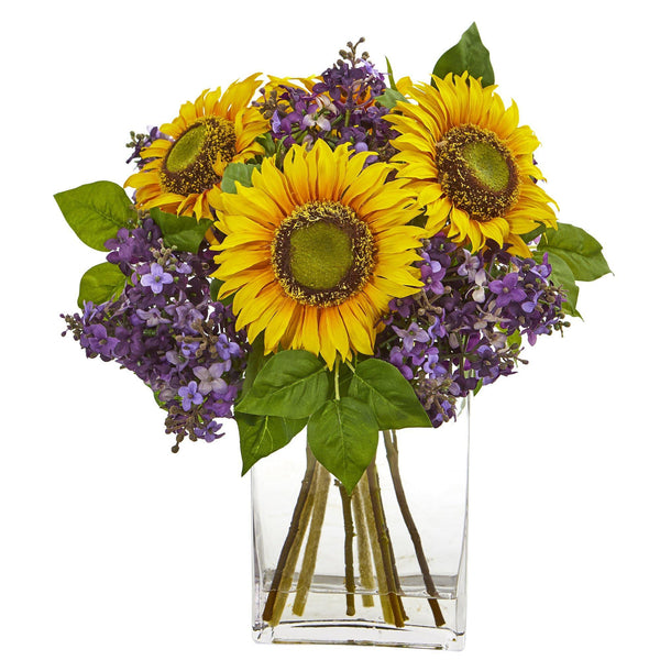 Sunflower and Lilac Artificial Arrangement in Vase