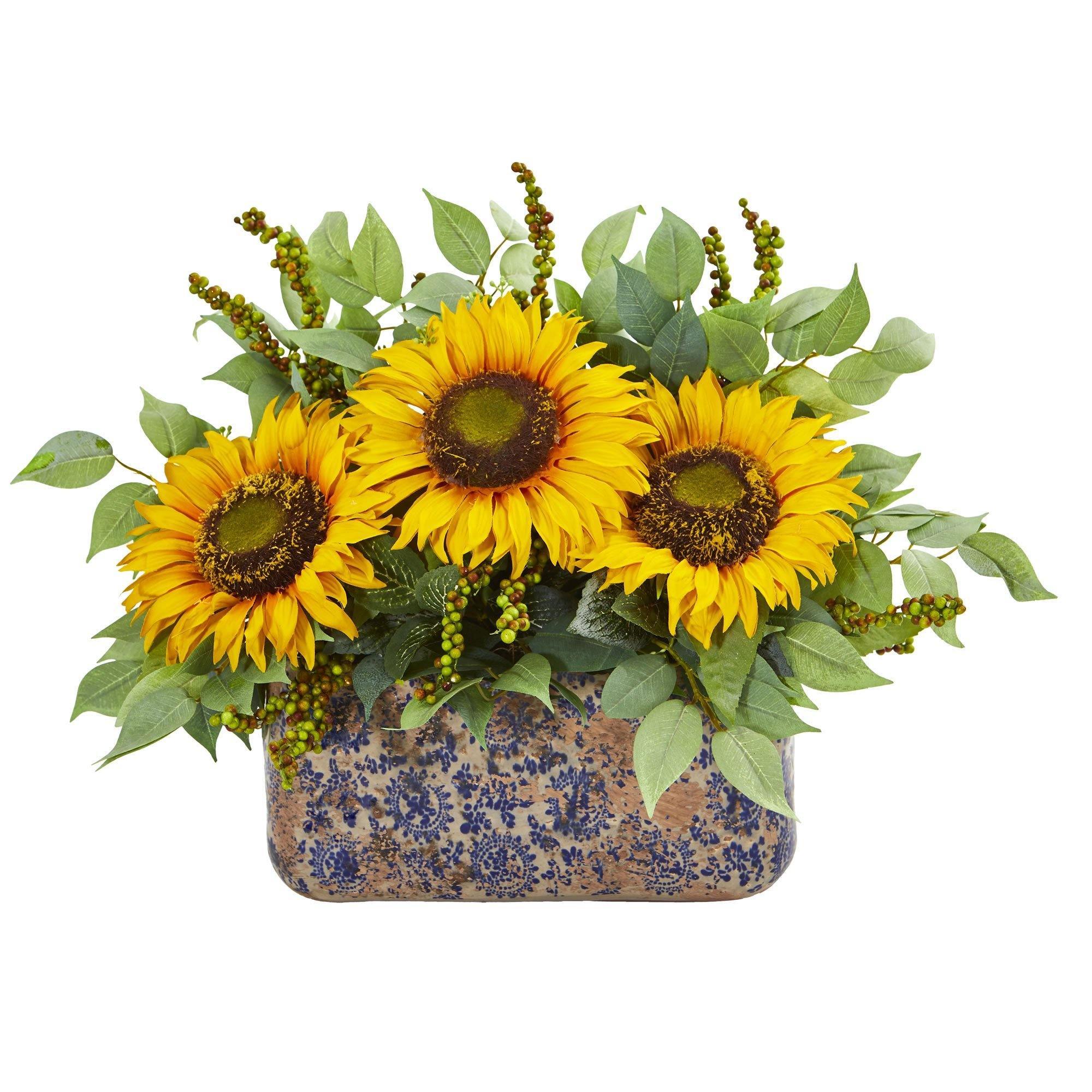 Sunflower and Mixed Greens Artificial Arrangement in Vase | Nearly Natural
