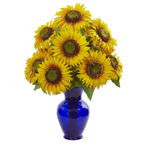 Sunflower Artificial Arrangement in Blue Garden Vase