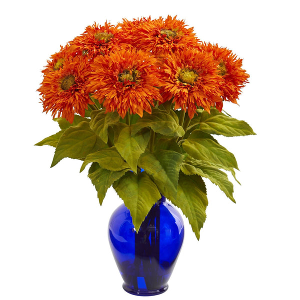 Sunflower Artificial Arrangement in Blue Vase