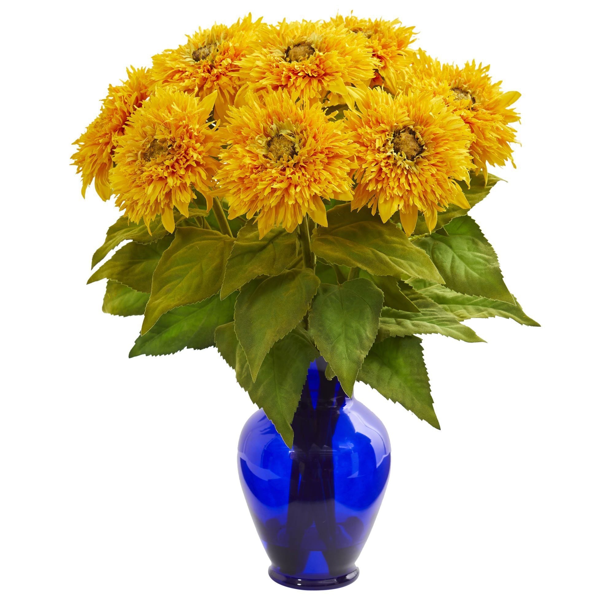 Sunflower Artificial Arrangement in Blue Vase 1656 Nearly Natural