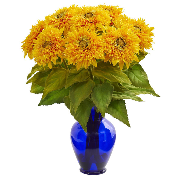 Sunflower Artificial Arrangement in Blue Vase