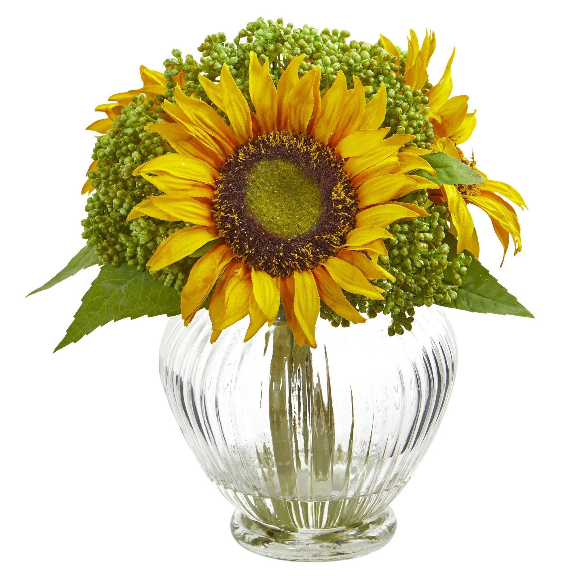 Sunflower Artificial Arrangement in Ribbed Glass Vase | Nearly Natural