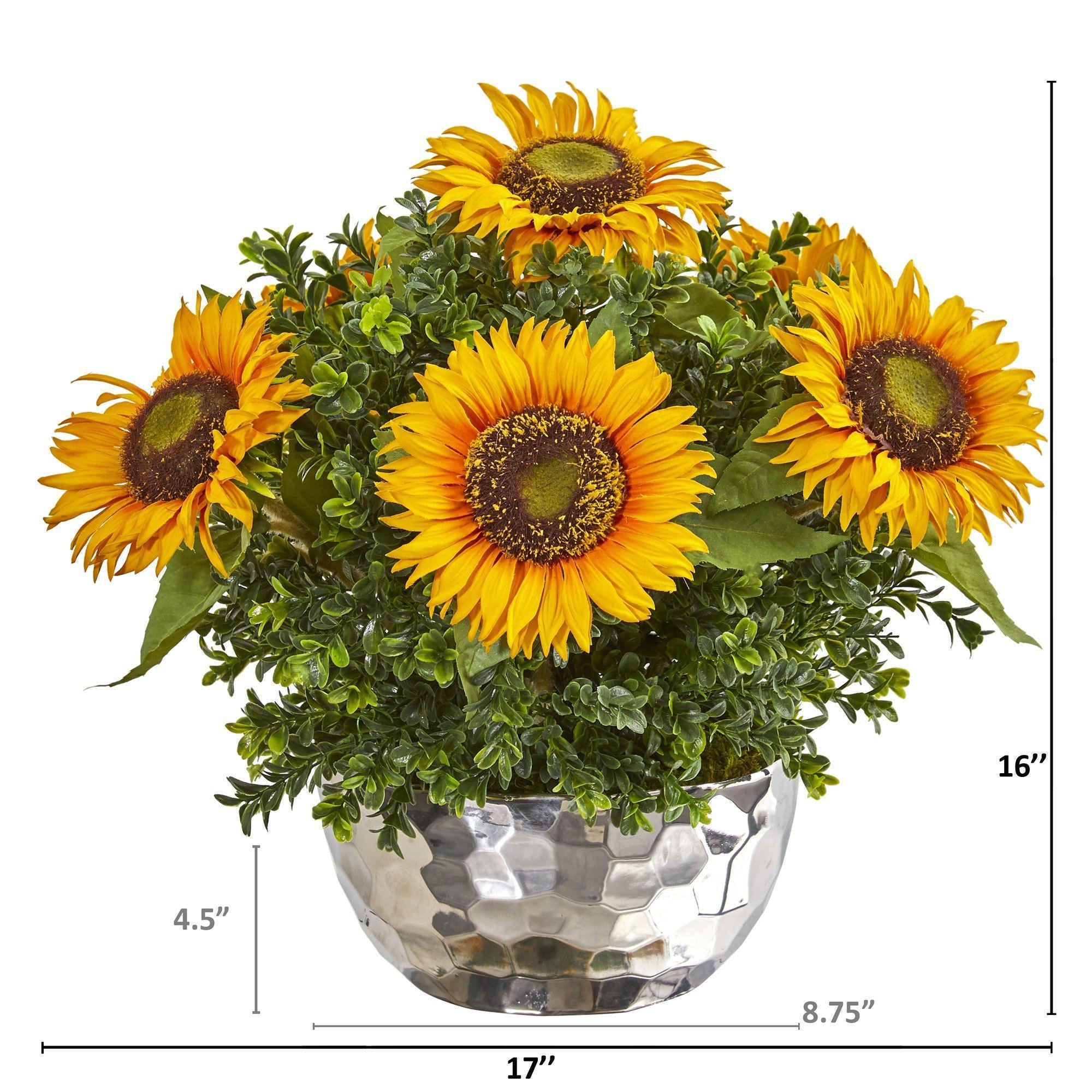 Sunflower Artificial Arrangement in Silver Vase | Nearly Natural