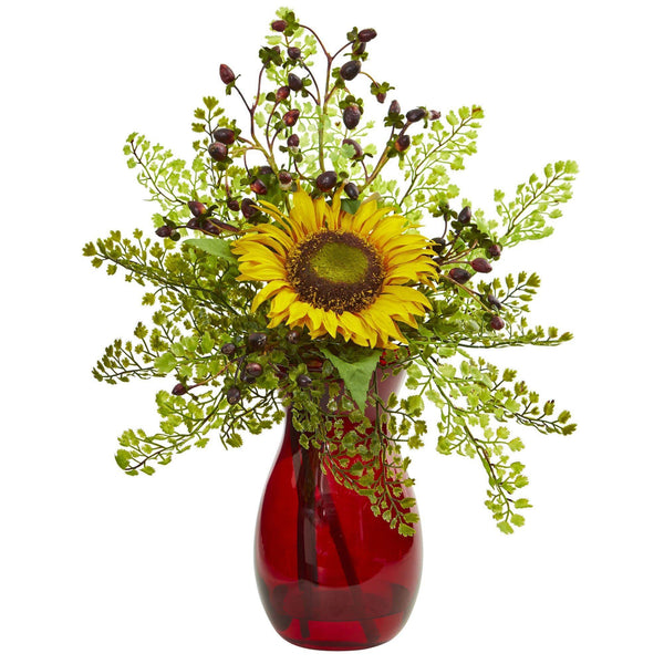 Sunflower, Maiden Hair & Coffee Leaf Artificial Arrangement