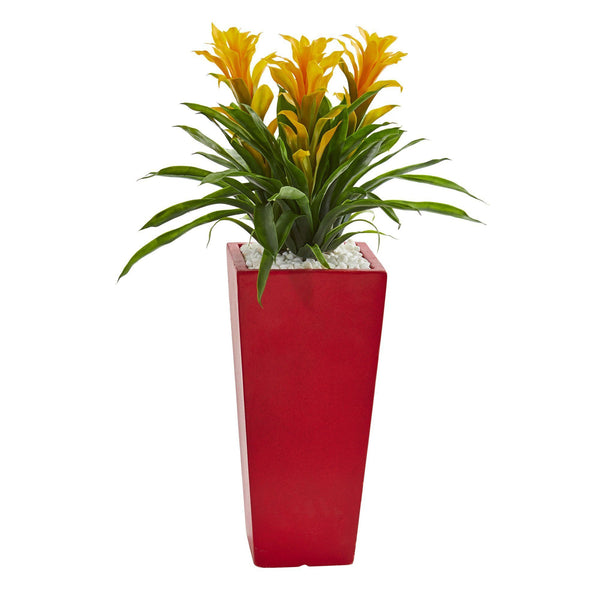 Triple Bromeliad Artificial Plant in Red Planter