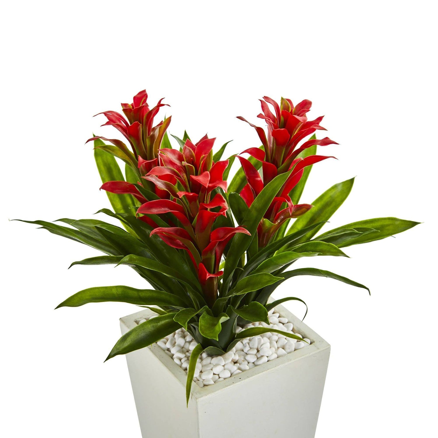 Triple Bromeliad Artificial Plant in White Tower Planter