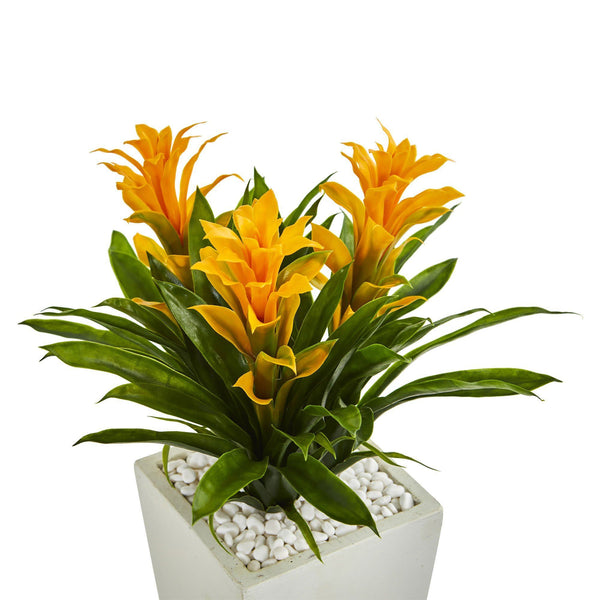 Triple Bromeliad Artificial Plant in White Tower Planter