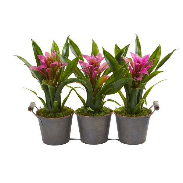 Triple Potted Bromeliad Artificial Plant in Decorative Planter