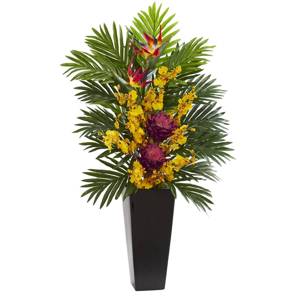 Tropical Floral & Orchid Artificial Arrangement in Black Vase