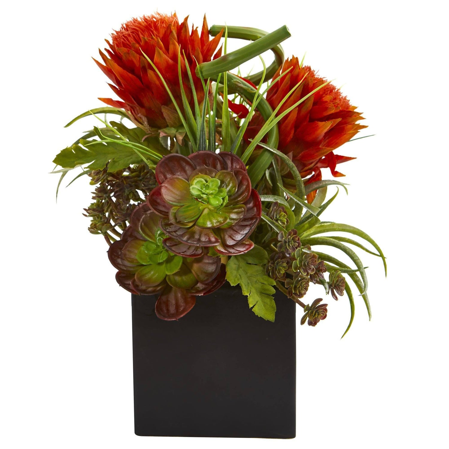 Tropical Flower & Succulent Artificial Arrangement in Black Vase