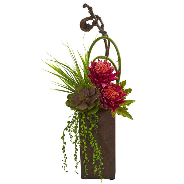Tropical & Succulent Artificial Arrangement in Brown Vase