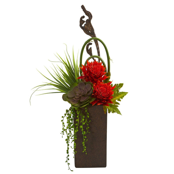 Tropical & Succulent Artificial Arrangement in Brown Vase