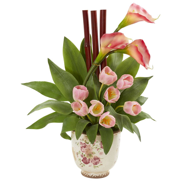 Tulips and Calla Lilly Artificial Arrangement in Floral Vase