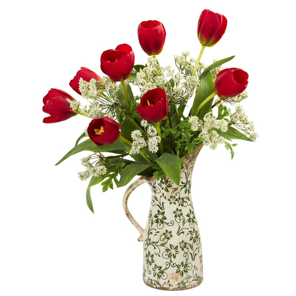 Tulips and Italian Chrysanthemum Artificial Arrangement in Pitcher Vase