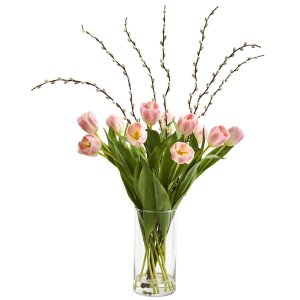 Silk Tulips Artificial Arrangement in Cylinder Vase