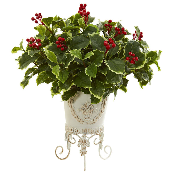 Variegated Holly Artificial Plant in Metal Planter (Real Touch)