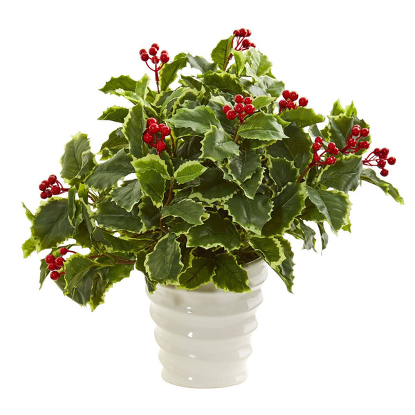 Variegated Holly Artificial Plant in White Vase (Real Touch)