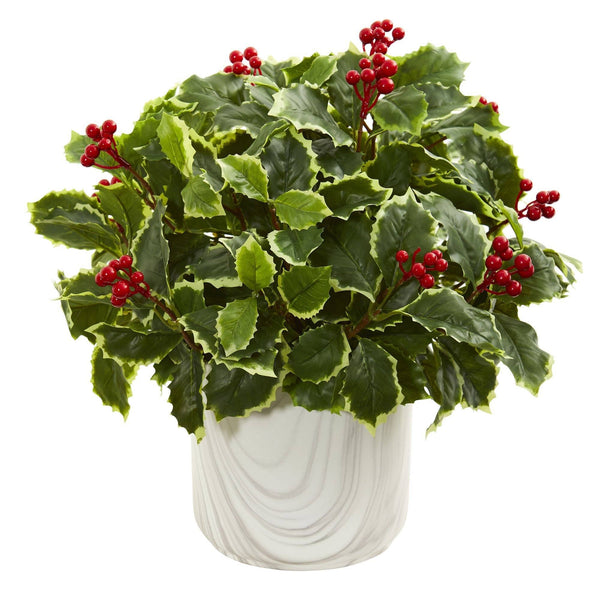 Variegated Holly Leaf Artificial Plant in Vase (Real Touch)