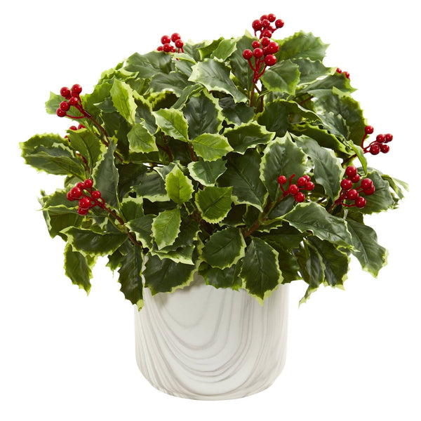 Variegated Holly Leaf Artificial Plant in Vase (Real Touch)