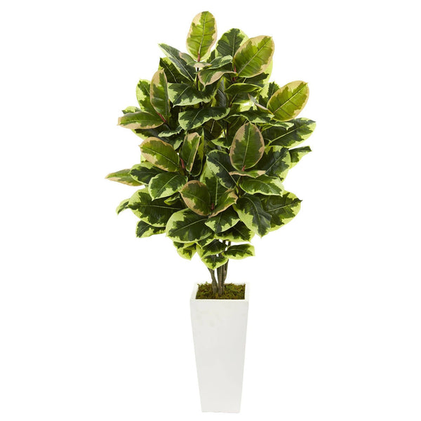Variegated Rubber Leaf Artificial Plant in White Tower Vase