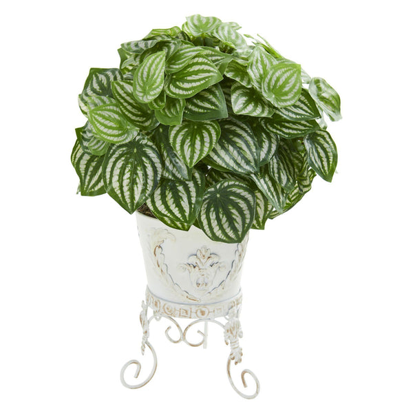 Watermelon Peperomia Artificial Plant in Metal Planter (Real Touch)