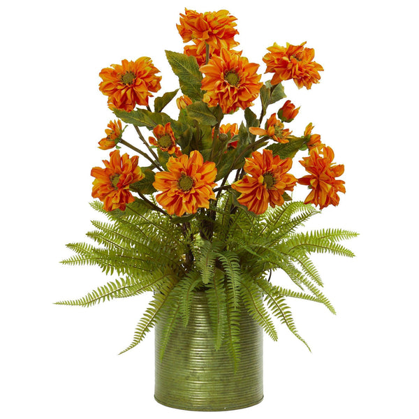 Zinnia and Fern Artificial Arrangement in Metal Planter